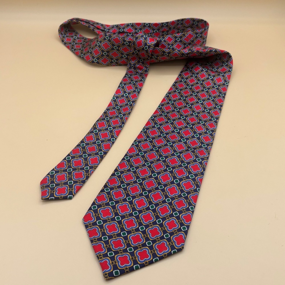 Polo Ralph Lauren Mens Silk Tie Navy Blue Red Geometric Medallion Hand Made